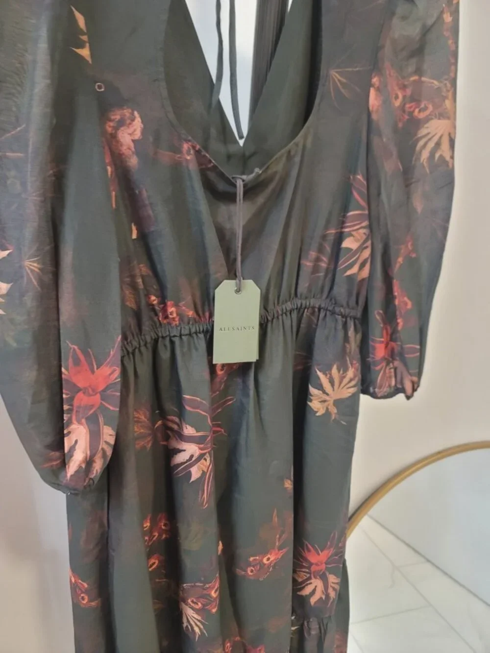 All Saints Rosi Nila Dark Khaki Green Tiered V-neck Midi Dress Size 4 US New
